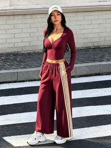 Muchica Women's Long Sleeve Crop Top Wide-Leg Pants High-Waist Striped Burgundy Sports Set 2 Piece Set Tracksuit Outfit Set Matching Set Activewear Sportswear - Khaki - View 8
