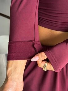 Muchica Women's Long Sleeve Crop Top Wide-Leg Pants High-Waist Striped Burgundy Sports Set 2 Piece Set Tracksuit Outfit Set Matching Set Activewear Sportswear - Khaki - View 3