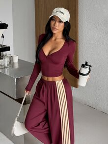 Muchica Women's Long Sleeve Crop Top Wide-Leg Pants High-Waist Striped Burgundy Sports Set 2 Piece Set Tracksuit Outfit Set Matching Set Activewear Sportswear - Khaki - View 6