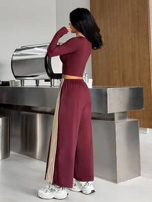 Muchica Women's Long Sleeve Crop Top Wide-Leg Pants High-Waist Striped Burgundy Sports Set 2 Piece Set Tracksuit Outfit Set Matching Set Activewear Sportswear - Khaki - View 5
