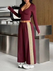Muchica Women's Long Sleeve Crop Top Wide-Leg Pants High-Waist Striped Burgundy Sports Set 2 Piece Set Tracksuit Outfit Set Matching Set Activewear Sportswear - Khaki - View 7