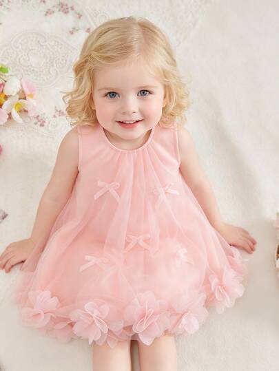 Glamorique Kids Infant Baby Girlsummer Soft Dusty Pink Shiny Tulle Dress, 3D Floral Bow Loose A-Line Party Flower Girl Birthday Dress Wedding Cute Elegant