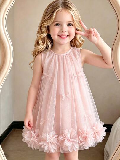 Glamorique Kids Gaun Bayi Perempuan Musim Panas Lembut Warna Pink Muda Mengkilap dari Tulle, Hiasan Bunga 3D Model A-Line Longgar untuk Pesta, Ulang Tahun, Pernikahan, Gaun Pengantin yang Imut dan Elegan