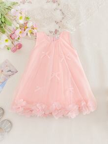Glamorique Kids 嬰兒女寶寶四季款柔嫩淺粉色亮面薄紗洋裝，3D花朵蝴蝶結寬鬆A字領派對洋裝，秋冬款 - 粉色 - 查看 3