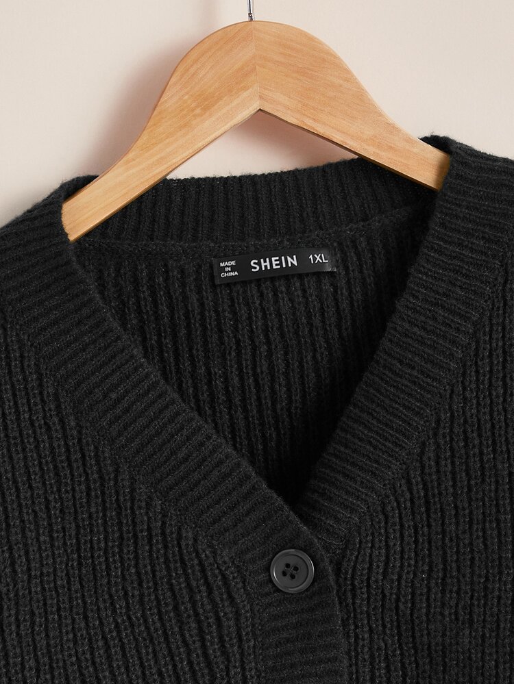 SHEIN Essnce Plus Drop Shoulder Ribbed Knit Cardigan, For Autumn To Formal Graduation Black Casual Baggy - Black - View 7