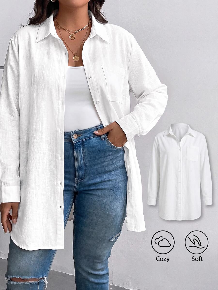 SHEIN BASICS 大尺碼女款純色長袖休閒寬鬆襯衫,秋季白色棉質,教師節早午餐正式辦公穿搭 - 白色 - 查看 1