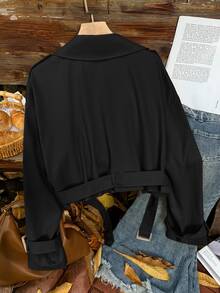 Comfortcana Plus Size Vintage Smart Casual Smart Elegant Style Black Cropped Trench Coat With Collar Winter Fall Autumn Office Formal Formal - Black - View 3