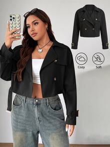 Comfortcana Plus Size Vintage Smart Casual Smart Elegant Style Black Cropped Trench Coat With Collar Winter Fall Autumn Office Formal Formal - Black - View 8