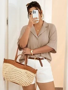 Lounesse Women's Plus Size Beige Daily Formal Vacation Business Commute Half Sleeve Fashion Shirt Versatile Casual Traditional Western Autumn - Apricot - View 6