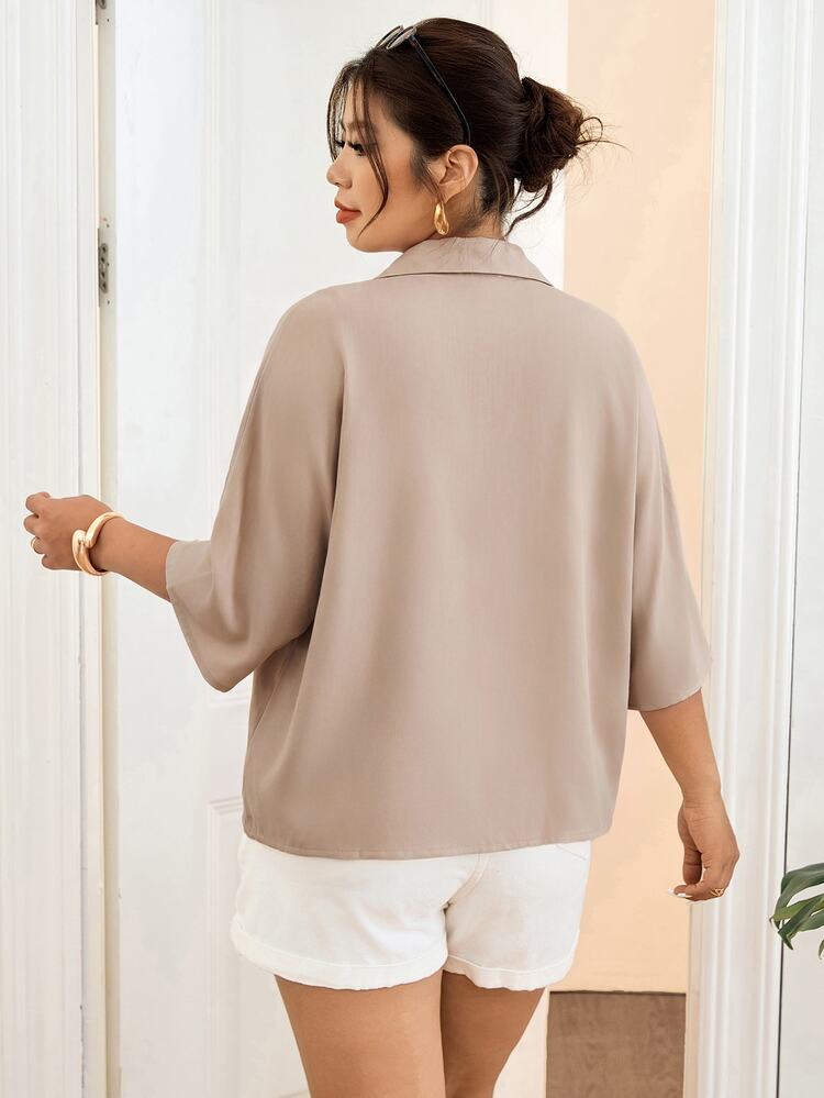 Lounesse Women's Plus Size Beige Daily Formal Vacation Business Commute Half Sleeve Fashion Shirt Versatile Casual Traditional Western Autumn - Apricot - View 3