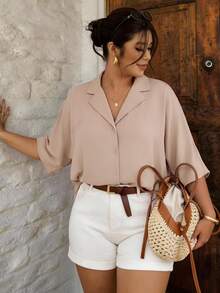 Lounesse Women's Plus Size Beige Daily Formal Vacation Business Commute Half Sleeve Fashion Shirt Versatile Casual Traditional Western Autumn - Apricot - View 2