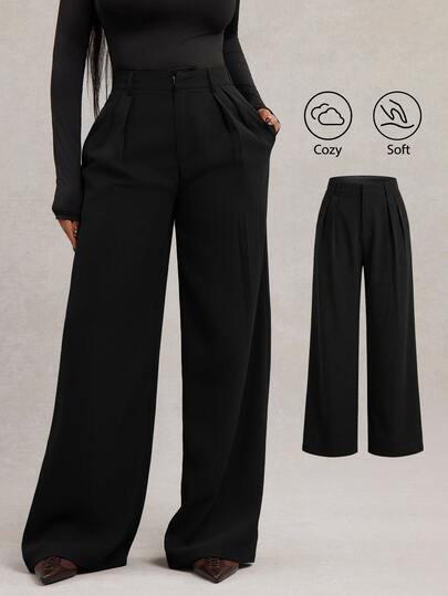 Radiana Casual Smart Elegant Black Plus Size Wide Leg Suit Pants With Zipper Details Long Plain Fabric Trousers Formal Summer Dinner Formal Office