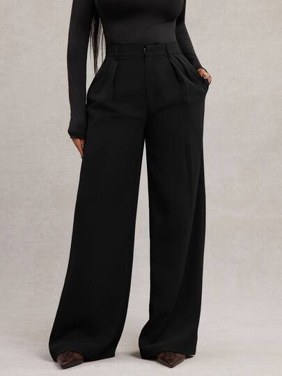 Radiana Casual Smart Elegant Black Plus Size Wide Leg Suit Pants With Zipper Details Long Plain Fabric Trousers Formal Summer Dinner Formal Office