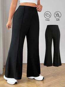 SHEIN EZwear Celana Setelan Wanita Ukuran Besar Warna Hitam Model Pinggang Tinggi dan Mengembang - Hitam - View 11
