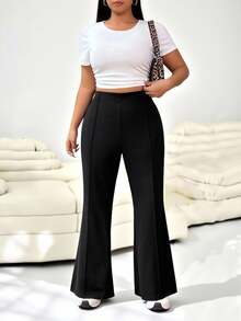 SHEIN EZwear Celana Setelan Wanita Ukuran Besar Warna Hitam Model Pinggang Tinggi dan Mengembang - Hitam - View 10