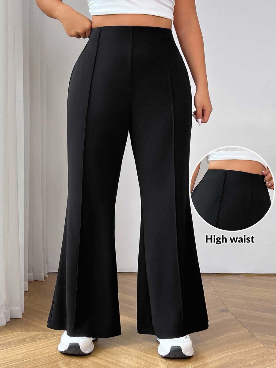 SHEIN EZwear Celana Setelan Wanita Ukuran Besar Warna Hitam Model Pinggang Tinggi dan Mengembang - Hitam - View 1