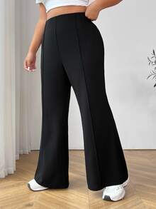 SHEIN EZwear Celana Setelan Wanita Ukuran Besar Warna Hitam Model Pinggang Tinggi dan Mengembang - Hitam - View 4