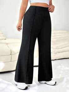 SHEIN EZwear Celana Setelan Wanita Ukuran Besar Warna Hitam Model Pinggang Tinggi dan Mengembang - Hitam - View 7