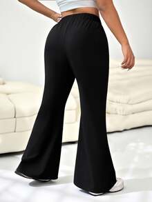 SHEIN EZwear Celana Setelan Wanita Ukuran Besar Warna Hitam Model Pinggang Tinggi dan Mengembang - Hitam - View 2