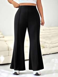 SHEIN EZwear Celana Setelan Wanita Ukuran Besar Warna Hitam Model Pinggang Tinggi dan Mengembang - Hitam - View 8