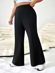 SHEIN EZwear Celana Setelan Wanita Ukuran Besar Warna Hitam Model Pinggang Tinggi dan Mengembang - Hitam - View 6