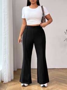 SHEIN EZwear Celana Setelan Wanita Ukuran Besar Warna Hitam Model Pinggang Tinggi dan Mengembang - Hitam - View 3