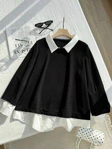 Comfortcana Womens Long Sleeve Collared Sweatshirt Casual Black Pullover Top False Two Piece Design - Black - View 6