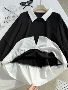 Comfortcana Womens Long Sleeve Collared Sweatshirt Casual Black Pullover Top False Two Piece Design - Black - View 3
