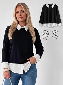 Comfortcana Womens Long Sleeve Collared Sweatshirt Casual Black Pullover Top False Two Piece Design - Black - View 1