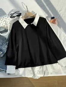 Comfortcana Womens Long Sleeve Collared Sweatshirt Casual Black Pullover Top False Two Piece Design - Black - View 5