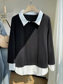 Comfortcana Womens Long Sleeve Collared Sweatshirt Casual Black Pullover Top False Two Piece Design - Black - View 4
