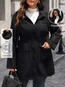 EMERY ROSE Plus Size Solid Color Cinched Waist Zipper Front Long Sleeve Utility Jacket Women Coats Fall Autumn Spring Hiking Black Business Casual Baggy Cute - Black - View 1