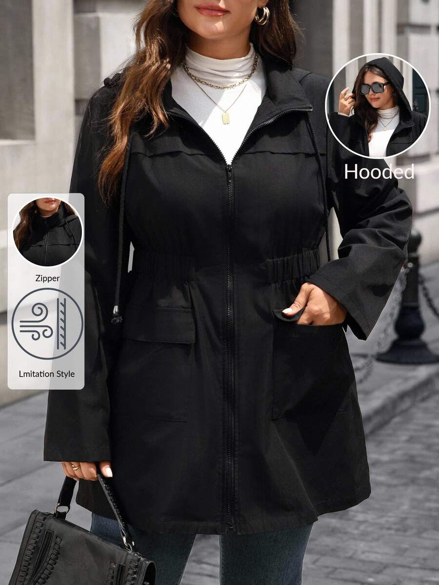 EMERY ROSE Plus Size Solid Color Cinched Waist Zipper Front Long Sleeve Utility Jacket Women Coats Fall Autumn Spring Hiking Black Business Casual Baggy Cute - Black - View 1