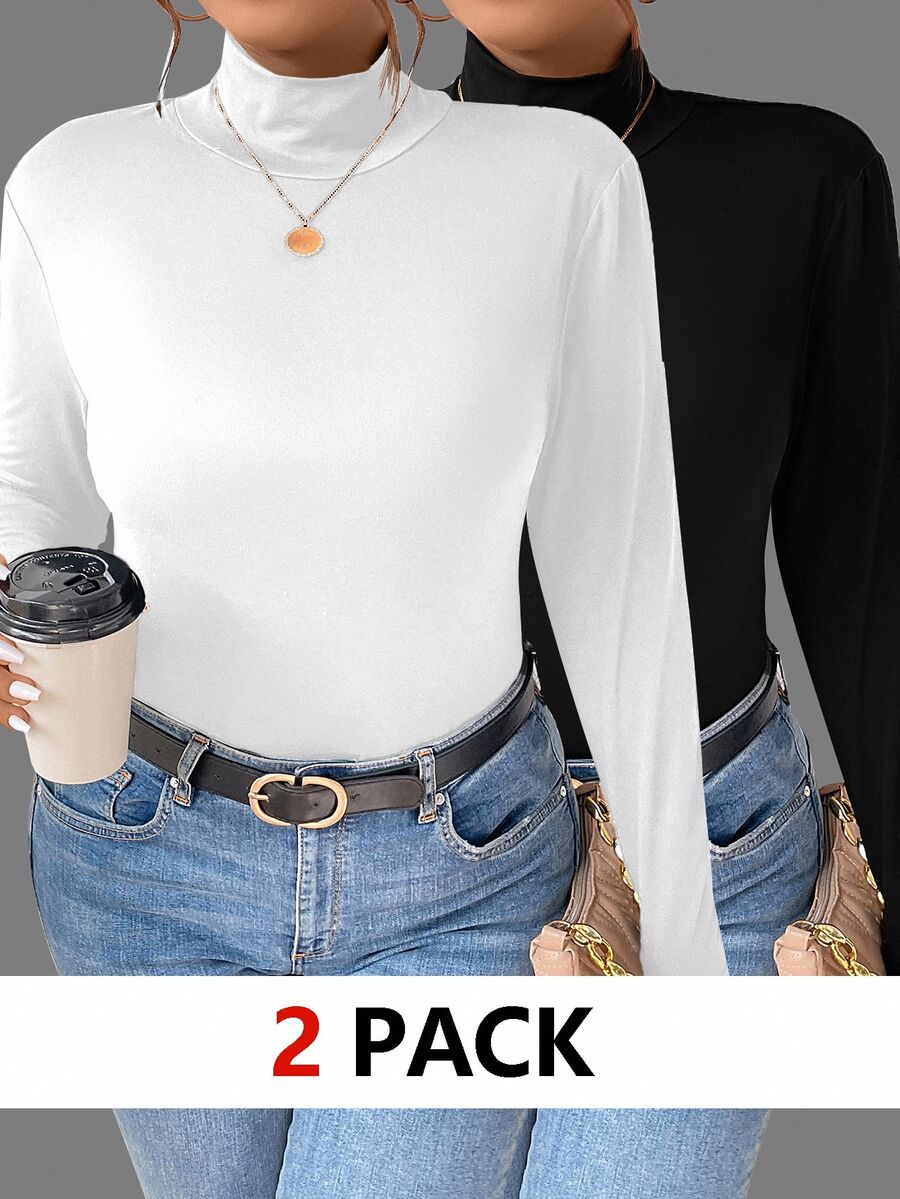EMERY ROSE 2pcs/Set Casual Dressy Simple White Black Plus Size Turtleneck T-Shirts, Autumn, Formal Evening - Black and White - View 1