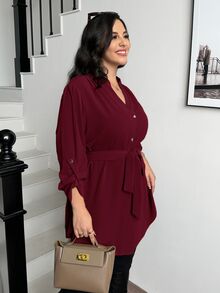 SHEIN Essnce 大尺碼女款酒紅色秋季優雅休閒寬鬆長袖鈕扣襯衫，缺口領襯衫，職場正式教師辦公穿著春季上衣 - 酒紅色 - 查看 6