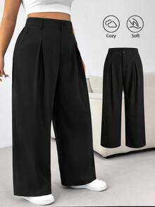 Solflare Plus Size Solid Color Button Casual Smart Wide Leg Pants Graduation, Back To School, Teacher Outfits For Women In Summer/ Office Formal Black - Black - View 8