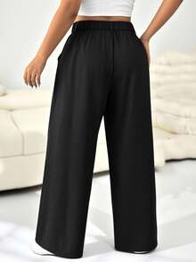 Solflare Plus Size Solid Color Button Casual Smart Wide Leg Pants Graduation, Back To School, Teacher Outfits For Women In Summer/ Office Formal Black - Black - View 3