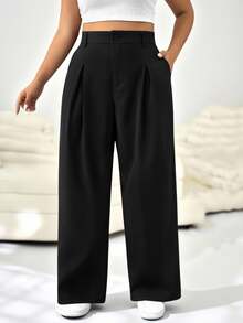 Solflare Plus Size Solid Color Button Casual Smart Wide Leg Pants Graduation, Back To School, Teacher Outfits For Women In Summer/ Office Formal Black - Black - View 7