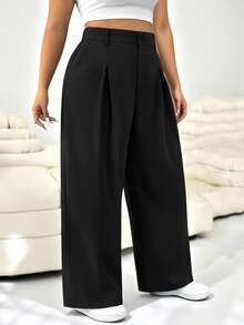 Solflare Plus Size Solid Color Button Casual Smart Wide Leg Pants Graduation, Back To School, Teacher Outfits For Women In Summer/ Office Formal Black - Black - View 5
