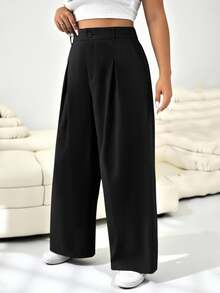 Solflare Plus Size Solid Color Button Casual Smart Wide Leg Pants Graduation, Back To School, Teacher Outfits For Women In Summer/ Office Formal Black - Black - View 6