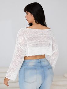 SHEIN EZwear Plus Size Women Solid Color Hollow-Out Knitted Cropped See-Through Top Vacation Beach Vacation Formal Allover White Summer Casual Leisure Sexy - White - View 3