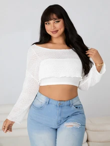 SHEIN EZwear Plus Size Women Solid Color Hollow-Out Knitted Cropped See-Through Top Vacation Beach Vacation Formal Allover White Summer Casual Leisure Sexy - White - View 5