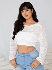 SHEIN EZwear Plus Size Women Solid Color Hollow-Out Knitted Cropped See-Through Top Vacation Beach Vacation Formal Allover White Summer Casual Leisure Sexy - White - View 4