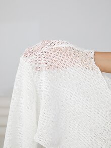 SHEIN EZwear Plus Size Women Solid Color Hollow-Out Knitted Cropped See-Through Top Vacation Beach Vacation Formal Allover White Summer Casual Leisure Sexy - White - View 9