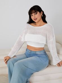 SHEIN EZwear Plus Size Women Solid Color Hollow-Out Knitted Cropped See-Through Top Vacation Beach Vacation Formal Allover White Summer Casual Leisure Sexy - White - View 7