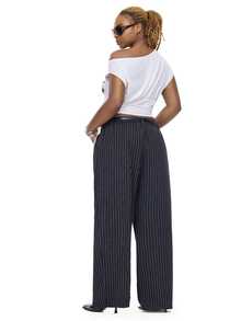 SHEIN EZwear 大尺碼純色鈕扣開合休閒商務優雅寬腿褲附腰帶，夏季教師節辦公正式穿搭，黑白色 - 黑色 - 查看 6