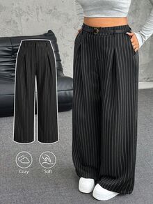 SHEIN EZwear 大尺碼純色鈕扣開合休閒商務優雅寬腿褲附腰帶，夏季教師節辦公正式穿搭，黑白色 - 黑色 - 查看 8