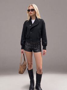 TRNVIE Commuter Street Casual Style Asymmetric Diagonal Button Front Ribbed Patchwork High Neck Cropped Overcoat Everyday Black Autumn - Black - View 1