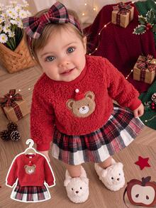 SHEIN Playful Pals 2件組女嬰衛衣裙套裝，可愛甜美鮮紅熊貼布，毛茸茸格紋長袖圓領加厚雪尼爾，適合冬季秋季節日派對 - 紅色 - 查看 7