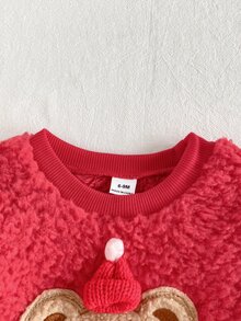 SHEIN Playful Pals 2件組女嬰衛衣裙套裝，可愛甜美鮮紅熊貼布，毛茸茸格紋長袖圓領加厚雪尼爾，適合冬季秋季節日派對 - 紅色 - 查看 9